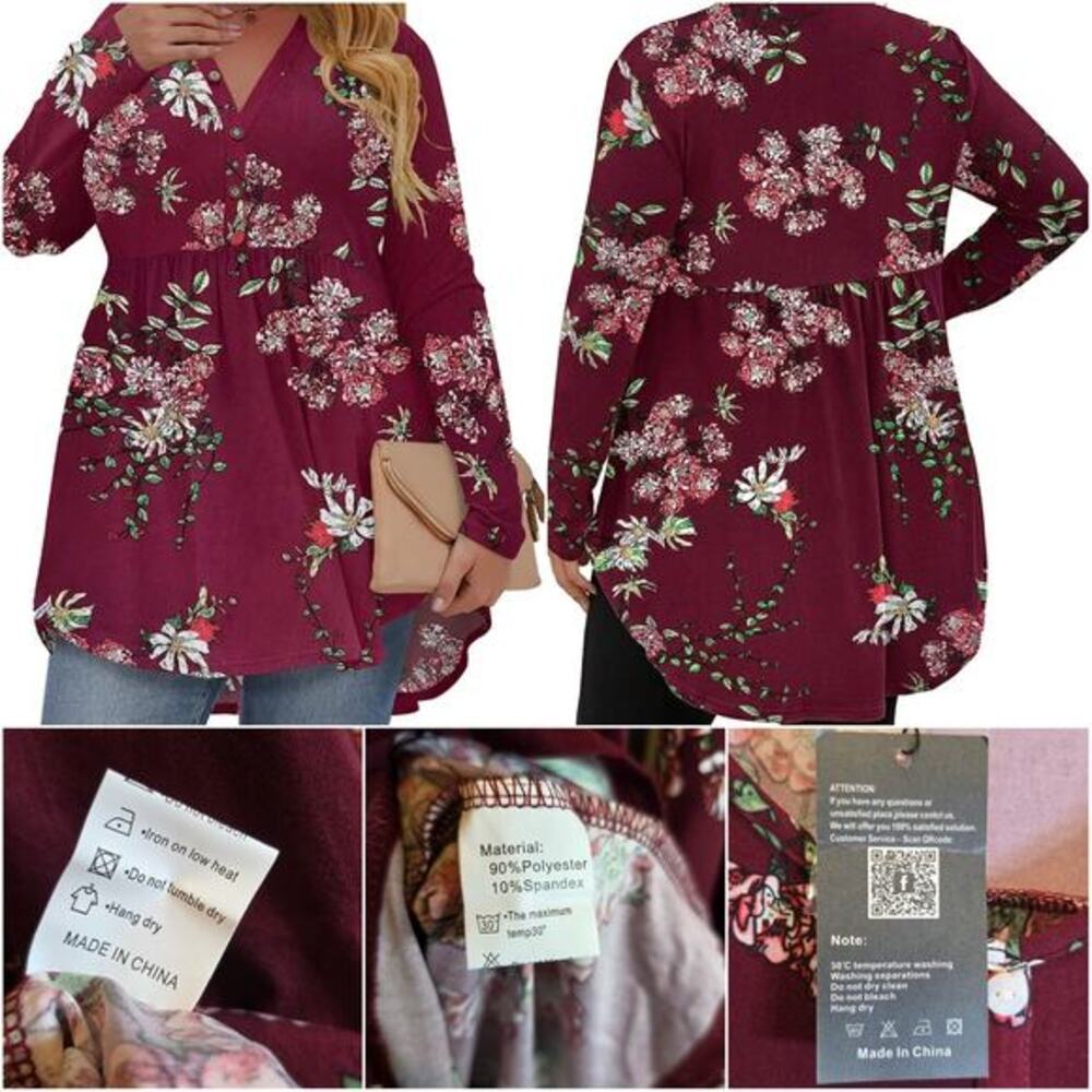 Floral Tunic Baby Doll Henley Top Empire Waist Sz 14 W Plus Burgundy Red Flare - Picture 3 of 12